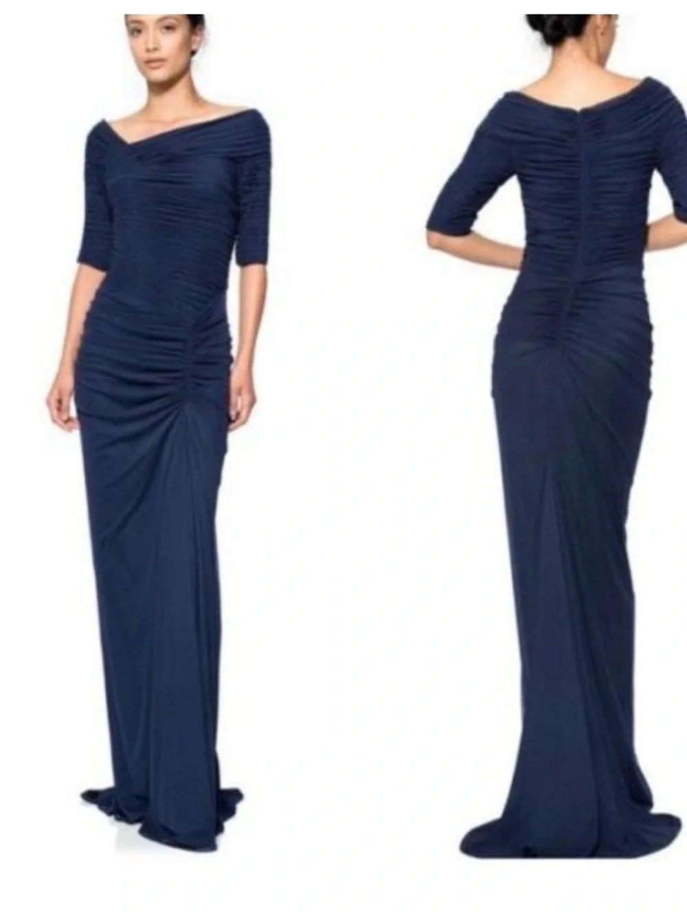 Tadashi Shoji navy blue draped mesh evening gown fitted